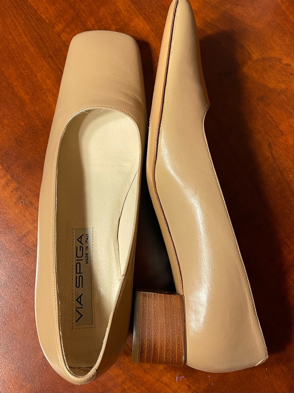 Made in Italy Via Spiga Square-Toe Block Heel Pumps Sz 9N Vero Cuoio Soles